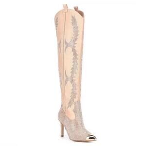 Gianni Bini Katyanna Rhinestone Crystal Embellished Pearly Sand Boots Womens 9.5